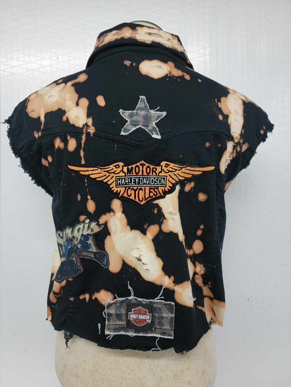 Moto Jean Shirt Vest / Harley Patches Edgy Biker Couture - Upcycled